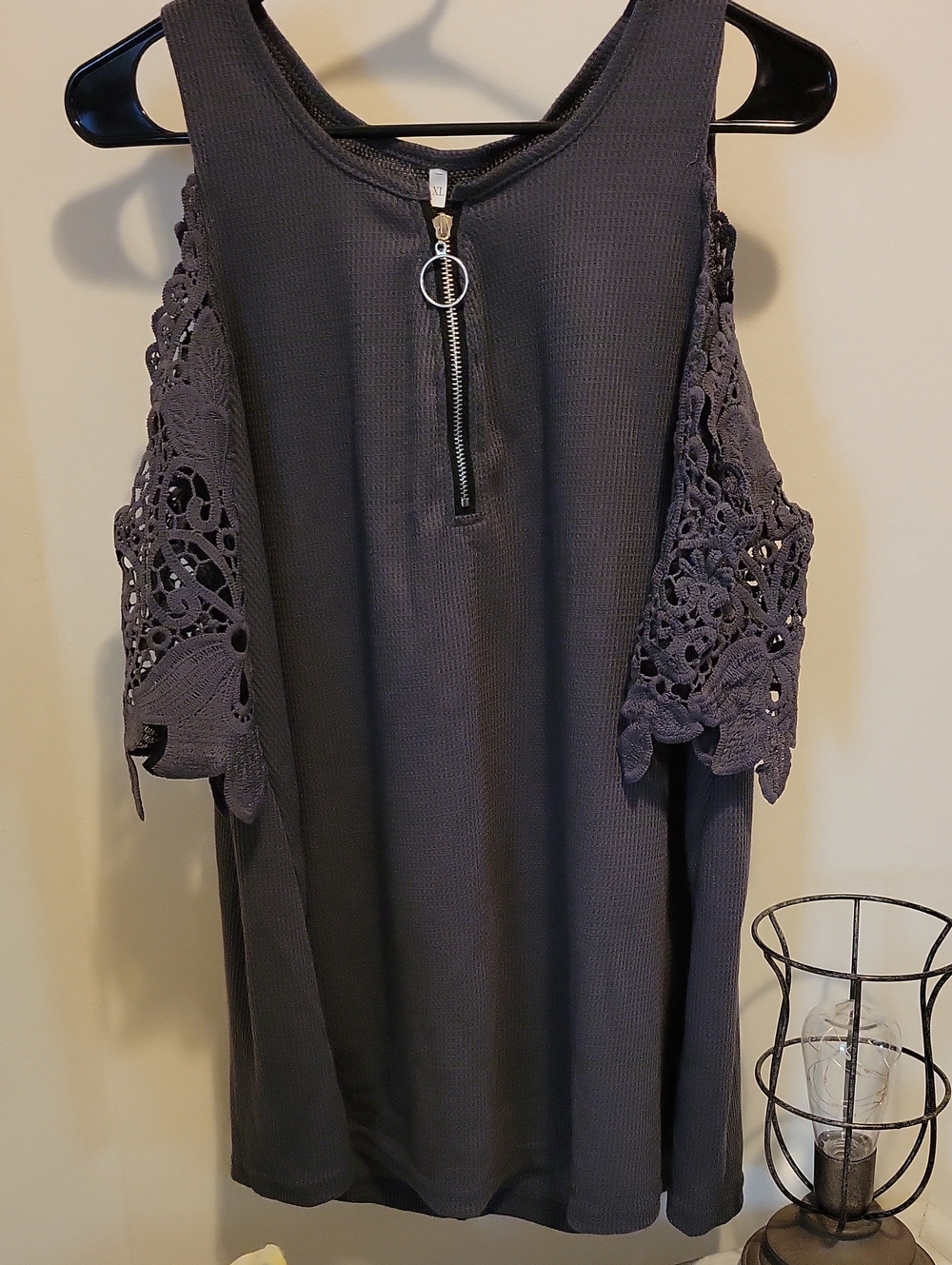 Charcoal Cold-Shoulder Crochet Sleeve Tank